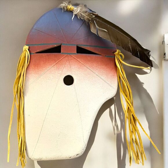 Navajo Art Mask by Nanezbah Nora Yazzie Signed: Leather, Feather, Mica Clay - Picture 1 of 11